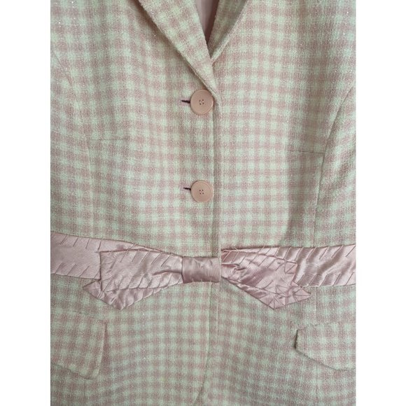 Apostrophe Pink & White Plaid Tweed Blazer Y2K Coquette Bow Accent Cropped sz 8 - Picture 2 of 11